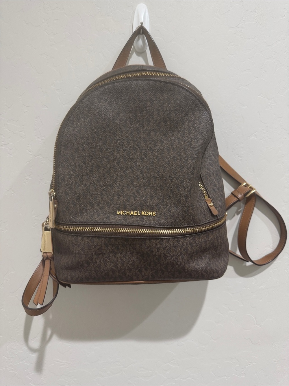 Michael Kors Brown Logo-Print Backpack with Gold Hardware